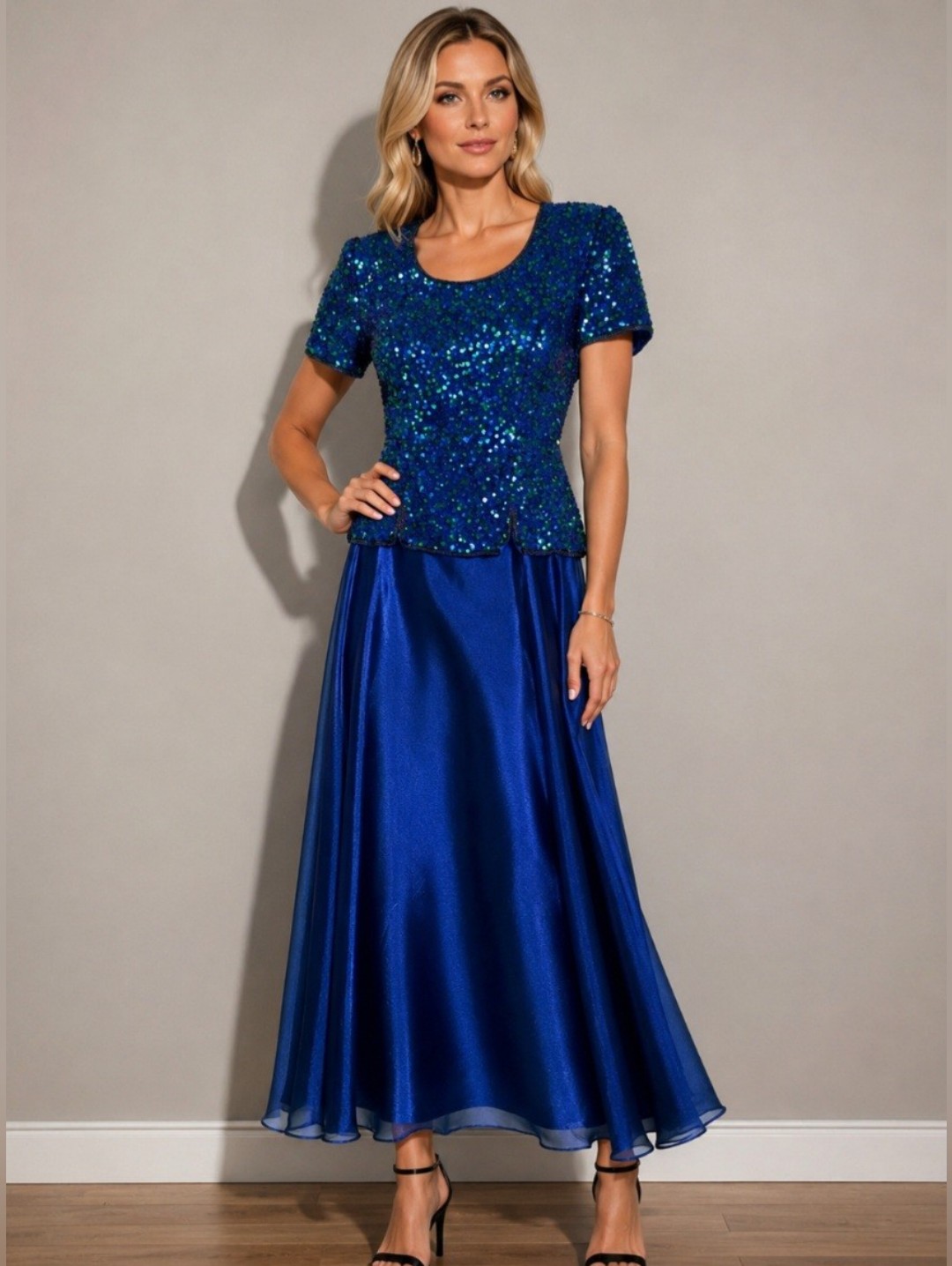 Scala 2 Piece Gown, Sequin Top Blue & Green, Maxi Skirt, Cobslt Blue